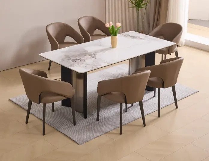 White Sintered Stone Dining Table With Sculptural Steel Base for Sale
